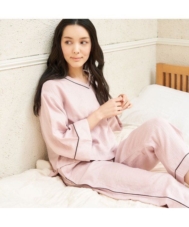 UCHINO マシュマロガーゼレディスバイカラーVネックパジャマ ピンク