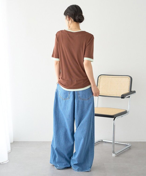 earth music&ecology シアーレイヤード風5分袖プルオーバー Brown