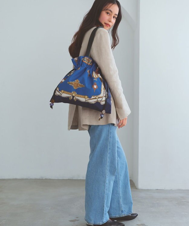 TOPKAPI 【新色追加】【TREASURE TOPKAPI】マイルドサテン スカーフ柄 巾着 トート バッグ ネイビー