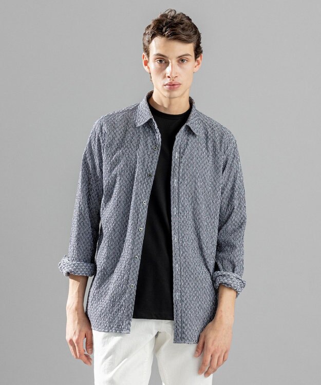 JOSEPH HOMME トライジャガード ストライプ ストレッチ レギュラーカラーシャツ ブラック系1