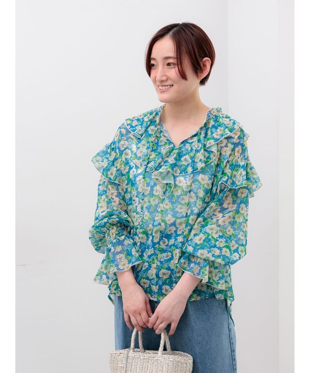 Te chichi フラワープリントフリルブラウス ブルー