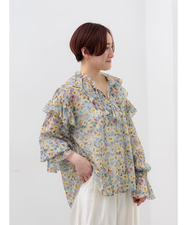 Te chichi フラワープリントフリルブラウス グレー