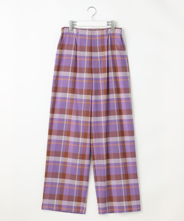 自由区 コットンリネンチェックワイドストレート パンツ パープル×ブラウン系