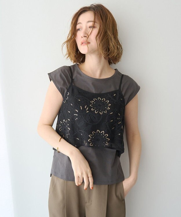 YECCA VECCA 【2点SET】刺繍メッシュキャミセットコットンTee Black