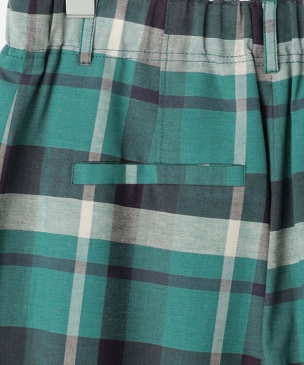 自由区 コットンリネンチェックワイドストレート パンツ グリーン×ネイビー系