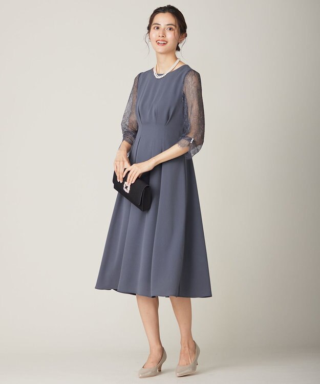 ANY SIS 【Lily Calin】レーススリーブタック ドレス スモーキーブルー