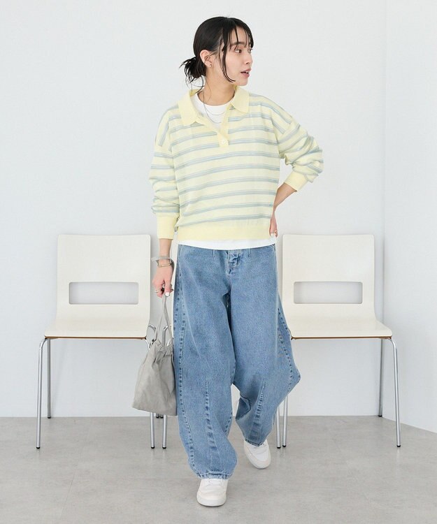 CRAFT STANDARD BOUTIQUE シアーボーダーポロ衿ニットプルオーバー Ivory