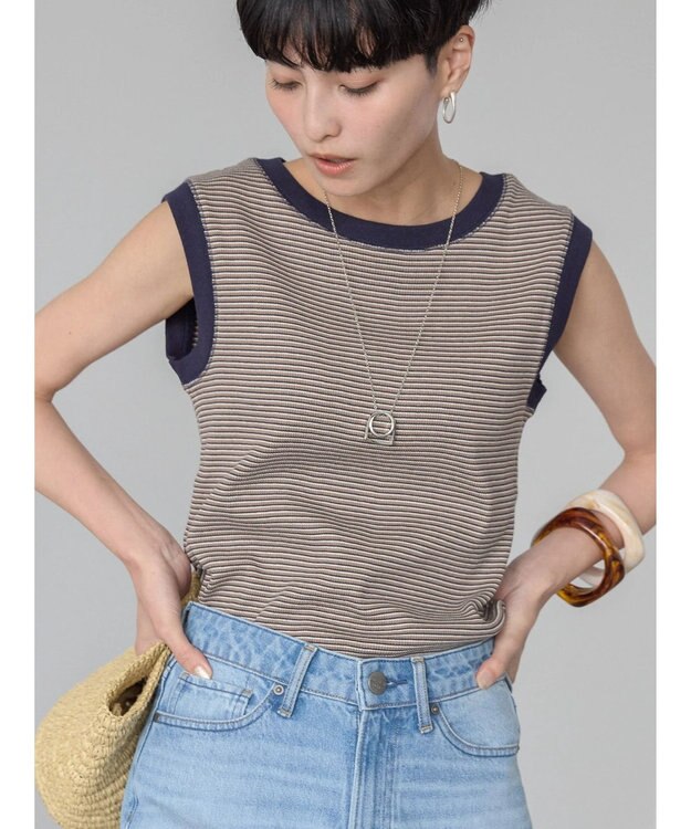 AMERICAN HOLIC ミジンボーダーノースリーブカットプルオーバー Navy