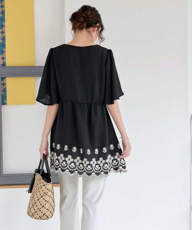 Tiaclasse 【洗える】スカラップレースチュニックブラウス ブラック