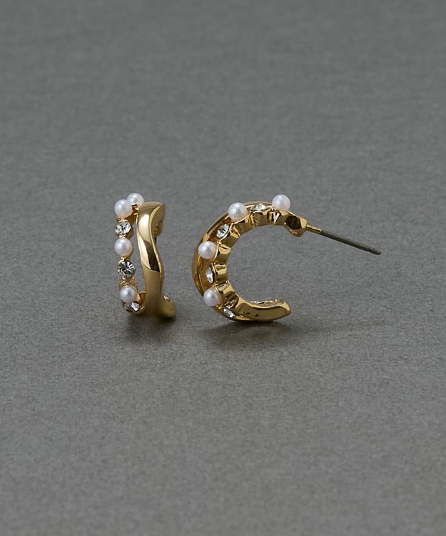 Phoebe 〈金属アレルギー対応〉ダブルラインパールビジューフープピアス　ホワイト/ニッケルフリー ホワイト