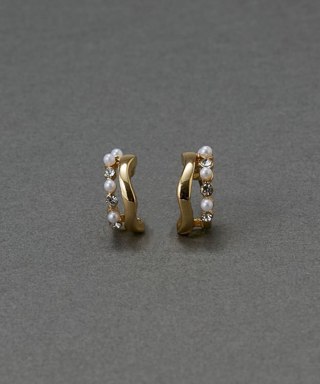 Phoebe 〈金属アレルギー対応〉ダブルラインパールビジューフープピアス　ホワイト/ニッケルフリー ホワイト