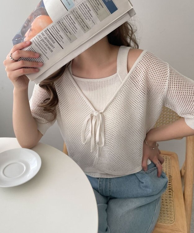 WEGO 【２点セット】半袖メッシュアンサンブルカーデ ホワイト