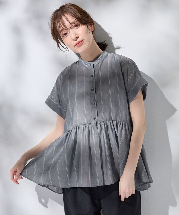 ANY L 半袖ティアードブラウス チャコール×ストライプ