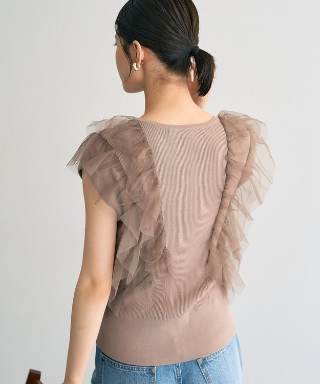 YECCA VECCA チュールラッフルノースリーブカーディガン Beige