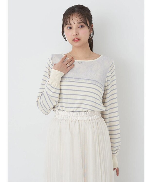 earth music&ecology レースボーダーニットプルオーバー Sax