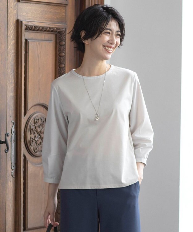 J.PRESS LADIES L プレーティングジャージー タックスリーブ カットソー グレージュ系