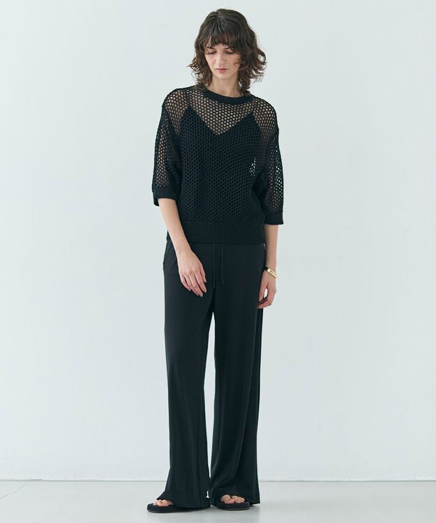 BEIGE， 【洗える】ALOE / コットンメッシュ半袖クルーネックニット Black