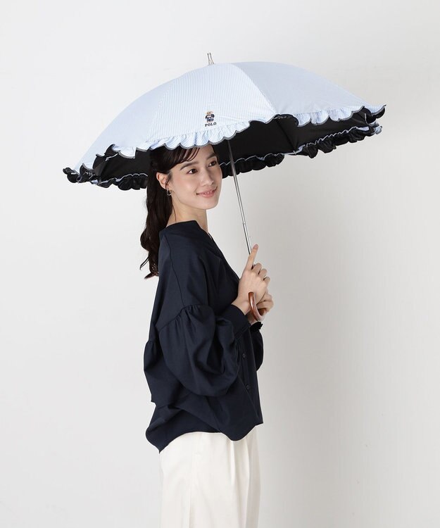 MOONBAT 【WEB限定/遮光率100%/遮熱/UV】POLO RALPH LAUREN（ポロ ラルフローレン）晴雨兼用日傘 ワンポイント ポロベア刺繍 フリル 長傘 サックスブルーストライプ