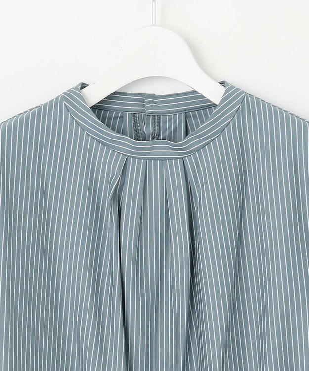 J.PRESS LADIES ストライプジャージー モックネック カットソー グレイッシュグリーン系