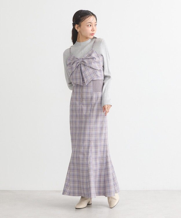 earth music&ecology サイドリブバックレースアップスカート Check Blue