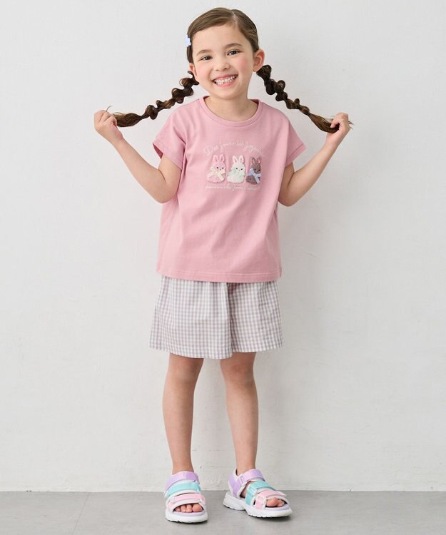 ANY KIDS 【綿100%】ひんやり フレンチスリーブ サガラ刺繡Tシャツ ピンク×ウサギ
