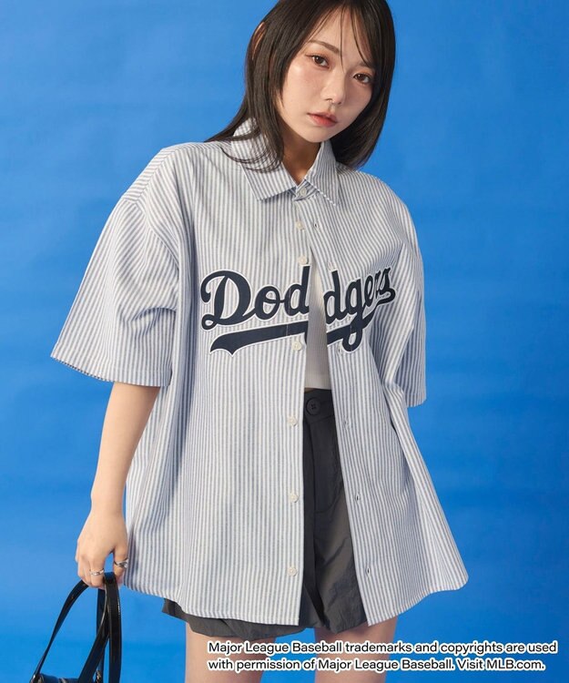 WEGO 【ユニセックス着用ITEM】別注MLBストライプグラフィックシャツ（SS） ブルーストライプ