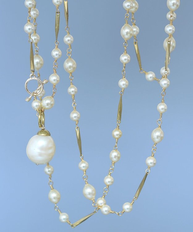 monshiro ガラスパールチェーンロングネックレス ホワイト