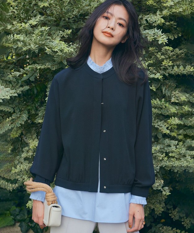 UNFILO イージーケア フリルネック シャツ スカイブルー