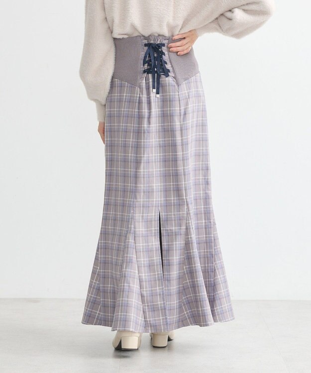 earth music&ecology サイドリブバックレースアップスカート Check Blue