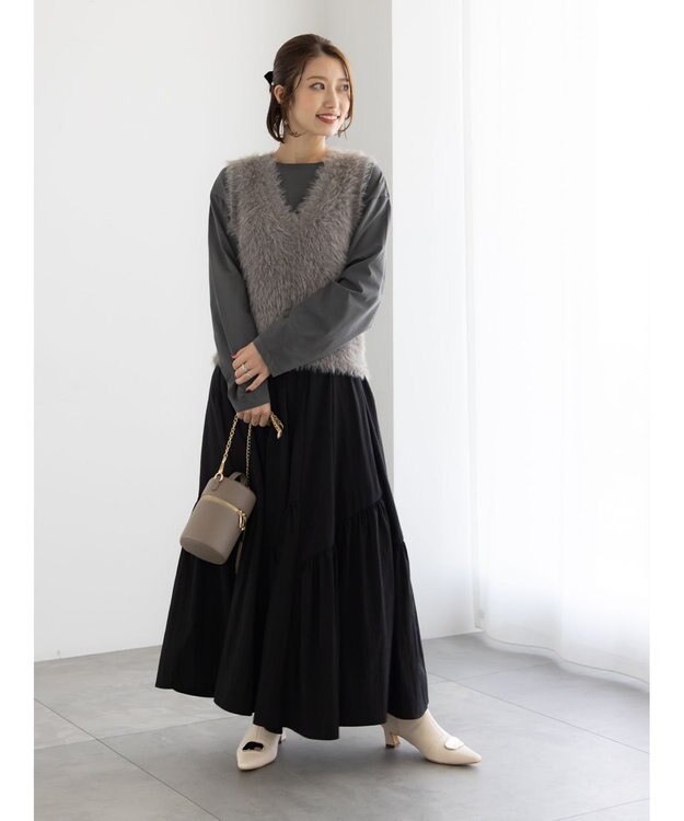 Te chichi マットタフタバイヤスティアードスカート ブラック