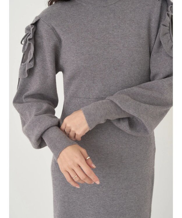 earth music&ecology 袖シアーフリルニットワンピース Gray