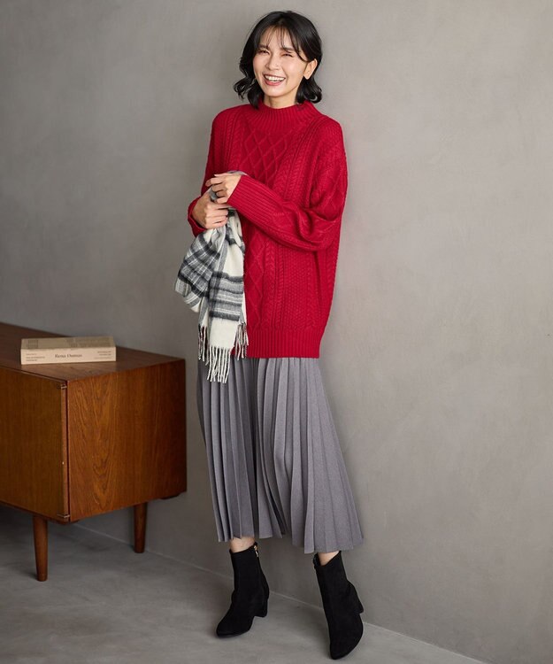 ANY L ソフトタッチケーブルニットチュニック レッド