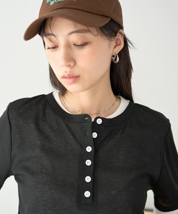 earth music&ecology シアーレイヤード風5分袖プルオーバー Black