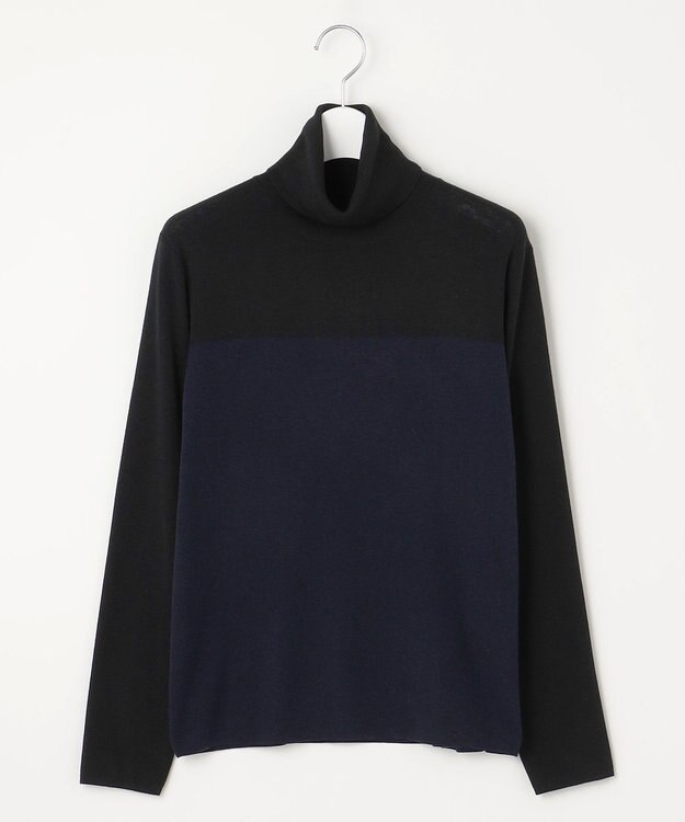 自由区 L 【洗える】シルクウールリブタートルネック ニット ブラック×ネイビー