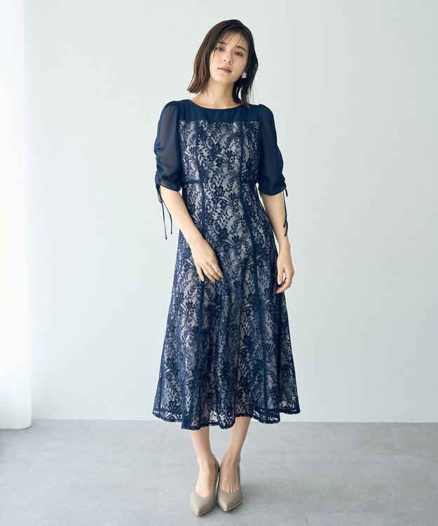 YECCA VECCA レース切替フレアドレス Navy