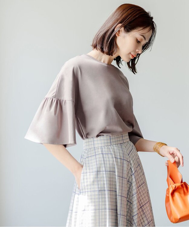 組曲 【汗ジミ防止・撥水】GIZAプレーティング天竺 袖フレア Tシャツ ブラウン系