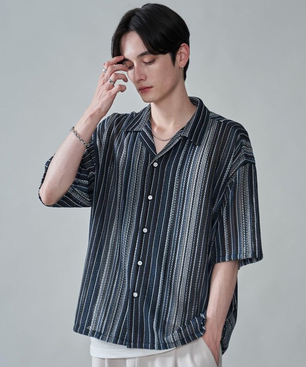 WEGO ストライプメッシュBIGシャツ（SS） ブラック中濃色