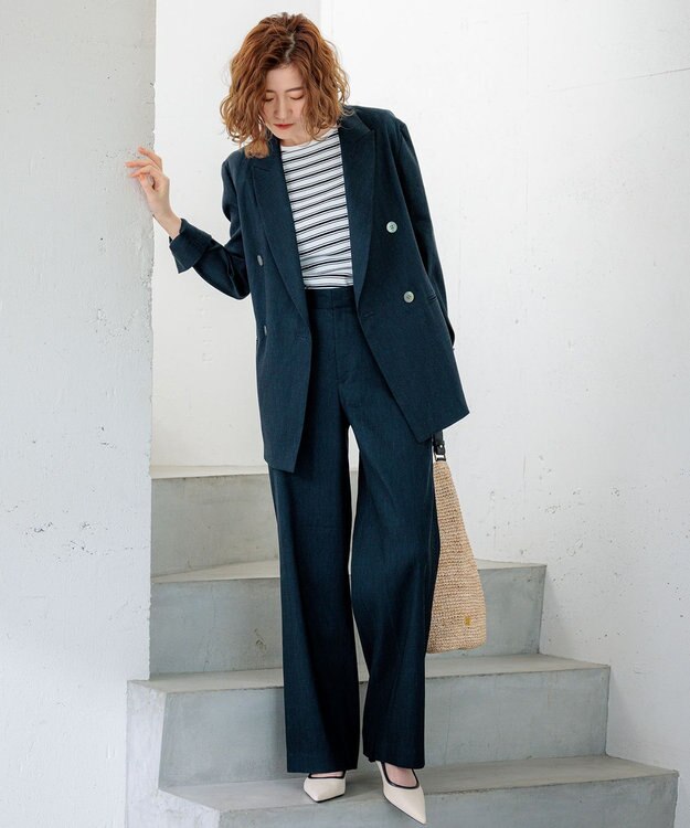 23区 L 【セットアップ対応/洗える】リネンレーヨンストレッチ ダブル ジャケット ネイビー系