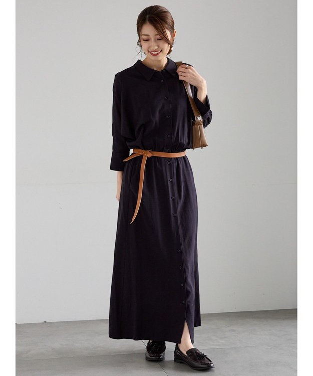 Te chichi ベルト付きレーヨンリネンシャツワンピース ネイビー