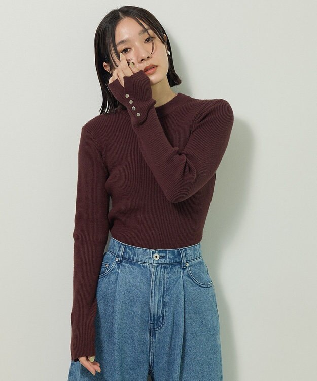 Green Parks もちやわ袖口釦リブニットプルオーバー Brown