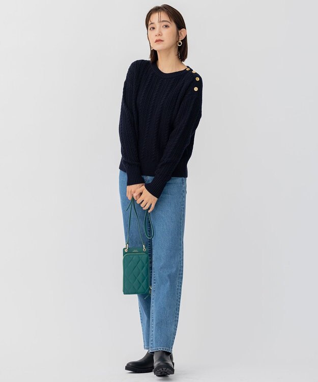 23区 【洗える】ウールコード 肩ボタンケーブル柄 ニット ダークネイビー系