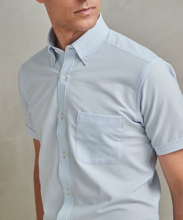 GOTAIRIKU とにかく涼しい/酷暑対応【シワになりにくい/吸水速乾】クールマックスサッカーシャツ サックスブルー×白