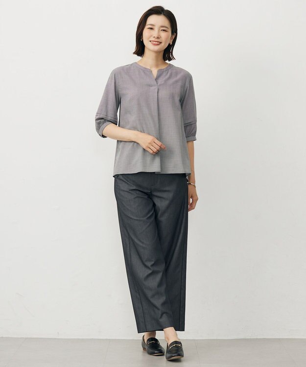 J.PRESS LADIES S 【洗える】ウォッシャブルキュプラツイル キーネック ブラウス ブラックチェック系