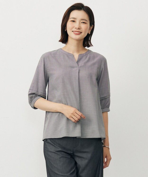 J.PRESS LADIES S 【洗える】ウォッシャブルキュプラツイル キーネック ブラウス ブラックチェック系