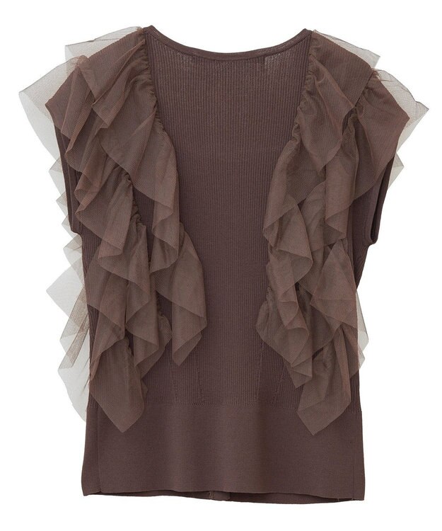 YECCA VECCA チュールラッフルノースリーブカーディガン Brown