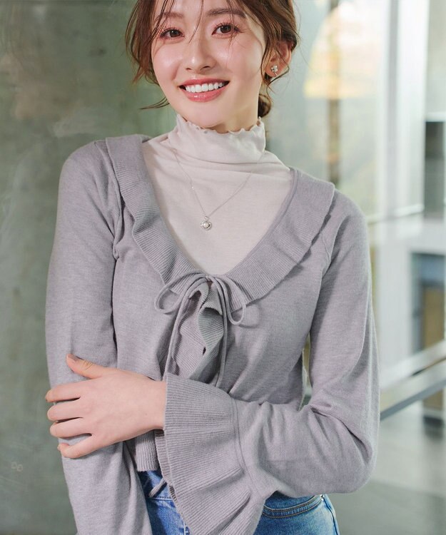 Tiaclasse フリルリボンカーディガン グレー