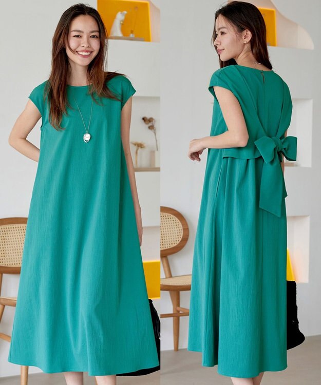 Tiaclasse L 【2WAY・洗える】ウエストリボンフレンチスリーブマキシワンピース グリーン
