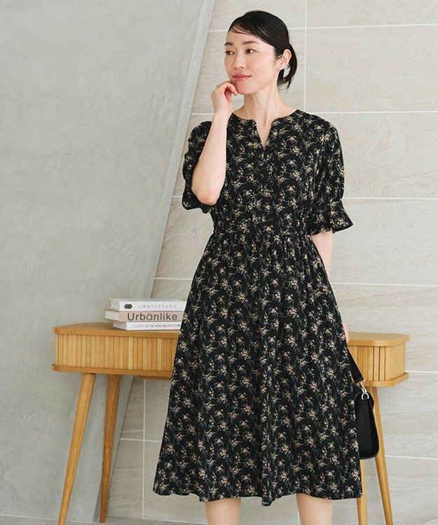 Tiaclasse 【洗える】キャンディースリーブ花柄ワンピース ブラック