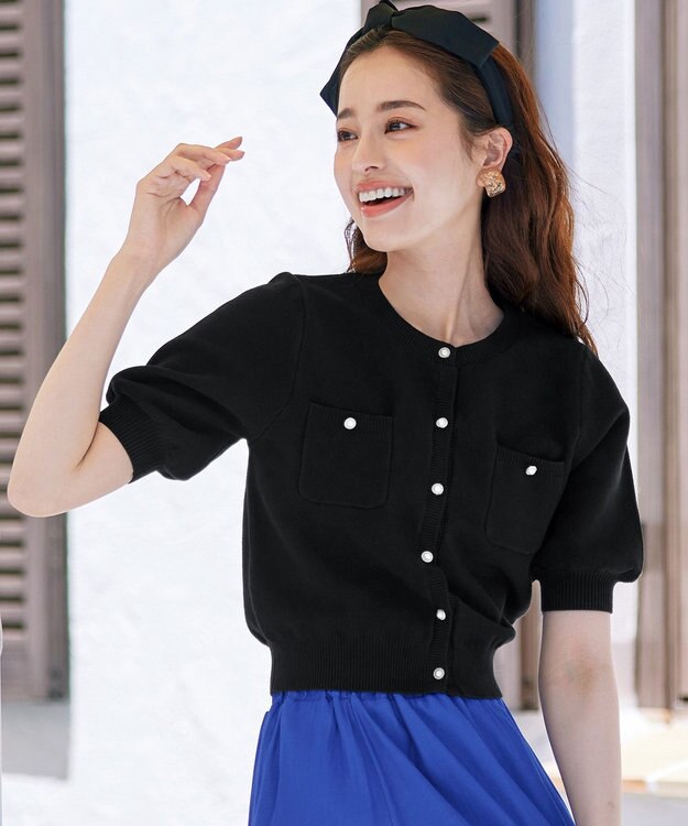 Tiaclasse 【洗える】鹿の子柄ニットショートカーディガン ブラック