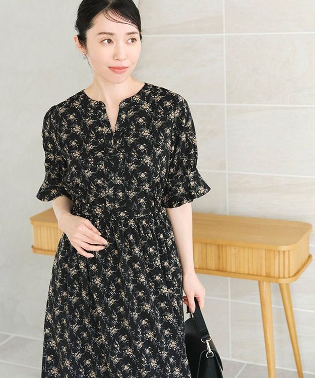 Tiaclasse 【洗える】キャンディースリーブ花柄ワンピース ブラック